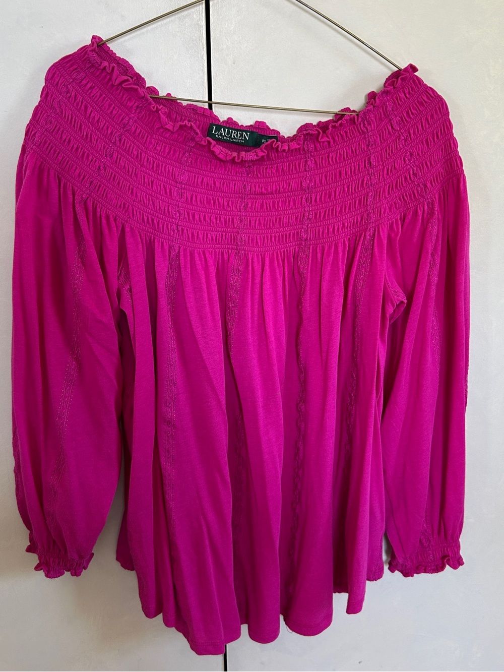 Ralph Lauren Bright Fuchsia Off-Shoulder Smocked Blouse